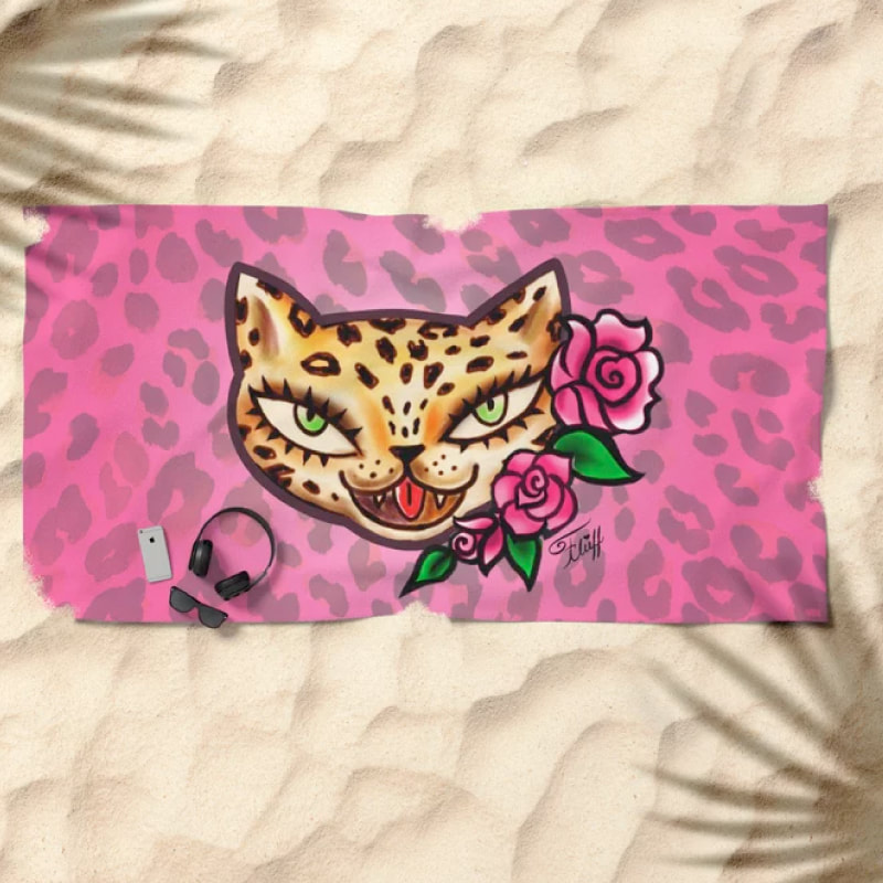 Vintage tattoo flash leopard with roses by Miss Fluff. On fun retro accessories and gifts.