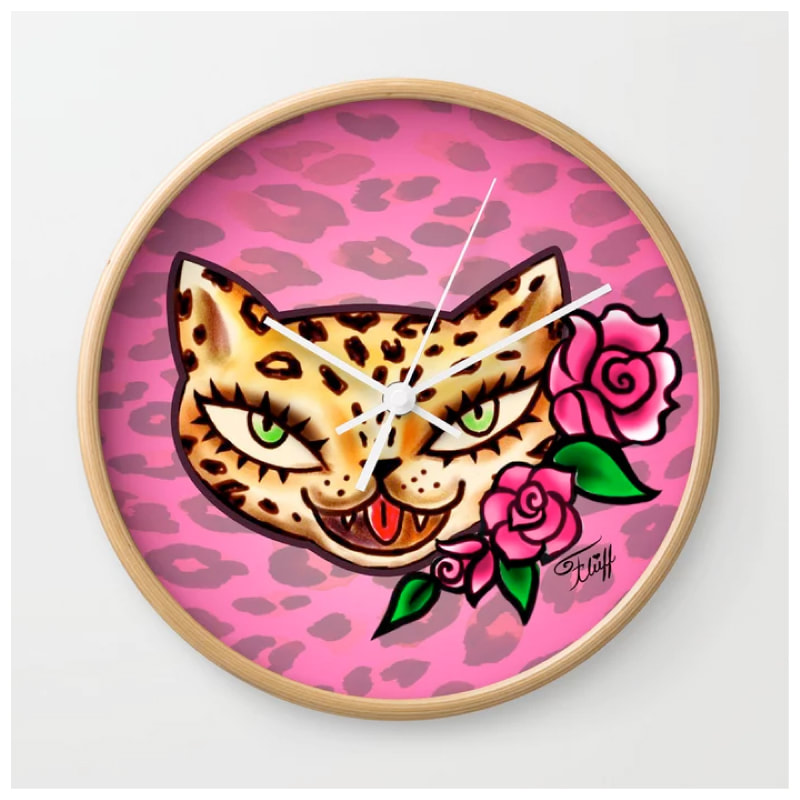 Vintage tattoo flash leopard with roses on pink leopard by Miss Fluff. On fun retro accessories and gifts.