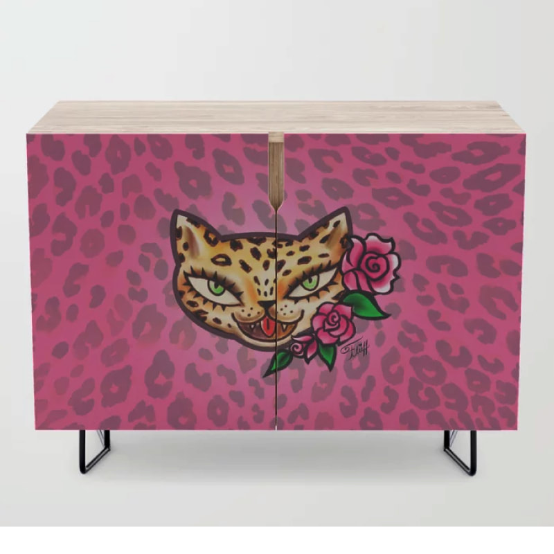 Vintage tattoo flash leopard with roses by Miss Fluff. On fun retro accessories and decor furniture.